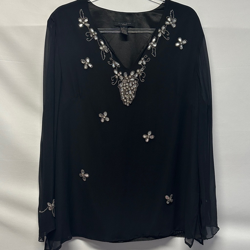 SilkLand 100% Silk Black Embellished Long Sleeve Women's Plus Size 1X Blouse